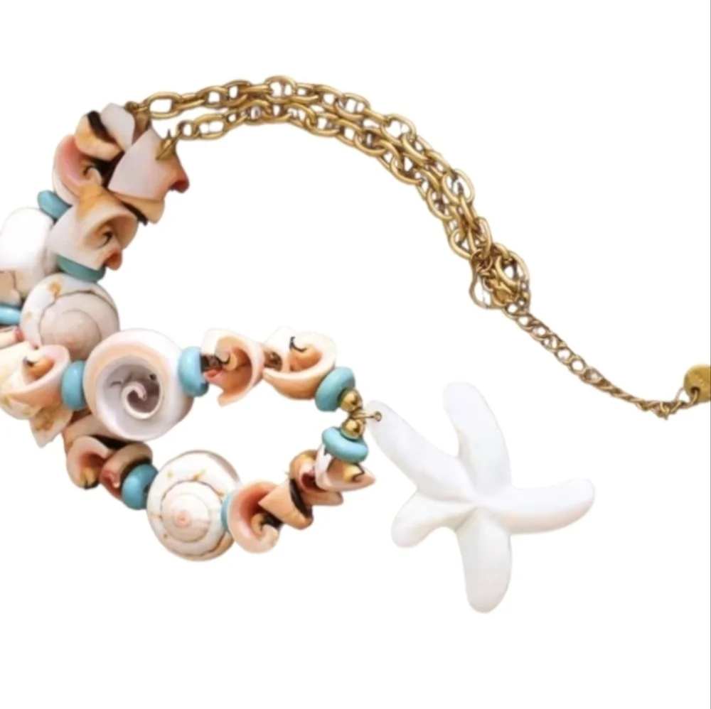 New! Turquoise & Natural Shell Statement Necklace - Gold Plated | NWOT